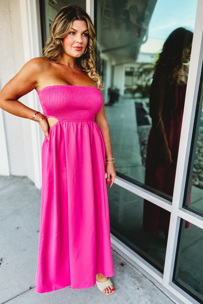 Steal My Heart Strapless Smocked Cutout Maxi Dress
