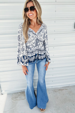 Indigo Muse Twist Front Bell Sleeve Top - Simply Me Boutique