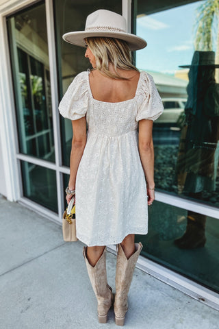 Ivory Meadow Eyelet Puff Sleeve Dress - Simply Me Boutique