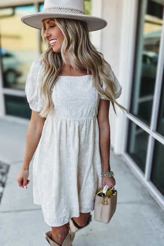 Ivory Meadow Eyelet Puff Sleeve Dress - Simply Me Boutique