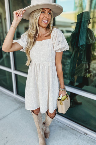 Ivory Meadow Eyelet Puff Sleeve Dress - Simply Me Boutique