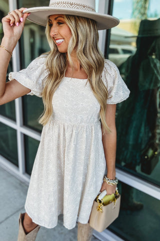 Ivory Meadow Eyelet Puff Sleeve Dress - Simply Me Boutique