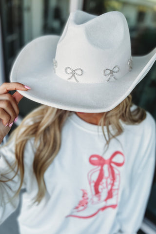 Ivory Rhinestone Bow Cowboy Hat - Simply Me Boutique