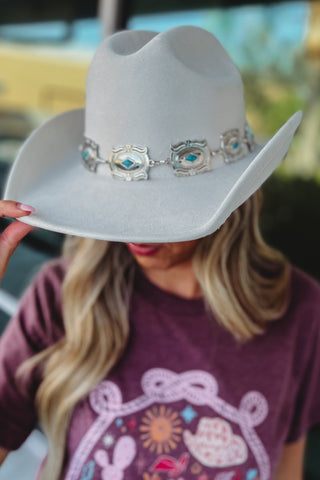 Ivory Silver Concho Chain Cowboy Hat - Simply Me Boutique