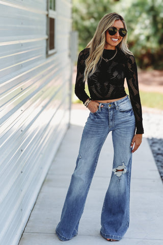 Ivy Lane Sheer Fishnet Cropped Layering Top (Black) - Simply Me Boutique