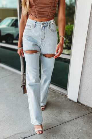 JUDY BLUE Bianca High Rise "Rigid Magic" Rhinestone Slit Straight Jeans - Simply Me Boutique