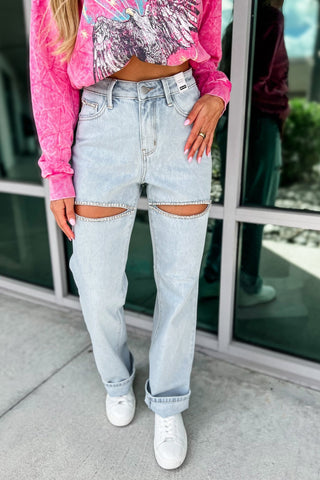 JUDY BLUE Bianca High Rise "Rigid Magic" Rhinestone Slit Straight Jeans - Simply Me Boutique