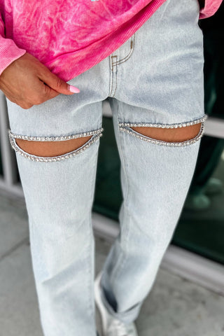 JUDY BLUE Bianca High Rise "Rigid Magic" Rhinestone Slit Straight Jeans - Simply Me Boutique