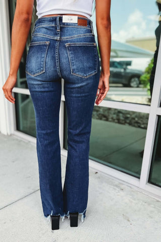 Judy Blue Eliza Distressed Hem Bootcut Dark Wash Jeans - Simply Me Boutique