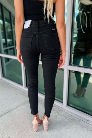 Kancan Bad Habits Double Button Raw Hem Ankle High Rise Skinny Jeans Black - Simply Me Boutique