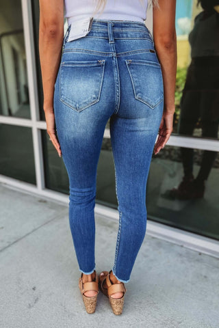 KanCan Bad Habits Double Button Raw Hem Ankle Medium Blue Wash Jeans - Simply Me Boutique