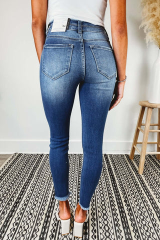 KanCan Bad Habits Double Button Raw Hem Ankle Medium Blue Wash Jeans - Simply Me Boutique