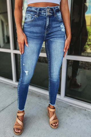 KanCan Bad Habits Double Button Raw Hem Ankle Medium Blue Wash Jeans - Simply Me Boutique