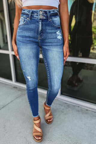 KanCan Bad Habits Double Button Raw Hem Ankle Medium Blue Wash Jeans - Simply Me Boutique