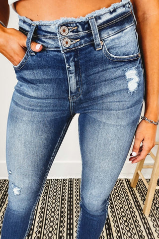 KanCan Bad Habits Double Button Raw Hem Ankle Medium Blue Wash Jeans - Simply Me Boutique
