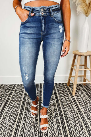 KanCan Bad Habits Double Button Raw Hem Ankle Medium Blue Wash Jeans - Simply Me Boutique