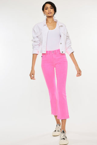 KANCAN Bristol High Rise Kick Flare Neon Pink Stretch Jeans - Simply Me Boutique