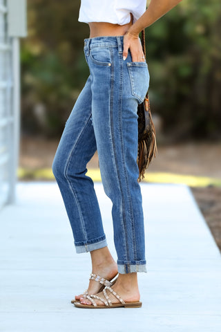 KANCAN Lena Mid Rise Crop Boyfriend Jeans (Med Wash) - Simply Me Boutique