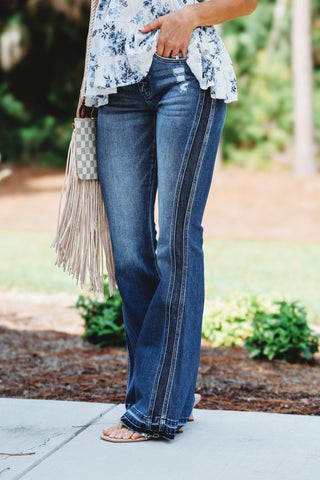 KanCan Morgan High Rise Two Tone Dark Wash Flare Jeans (PREORDER) - Simply Me Boutique