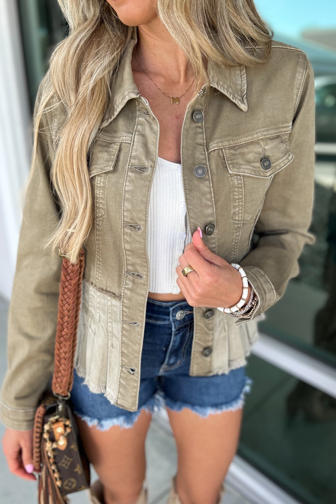 KANCAN Savannah Peplum Olive Green Denim Jacket Simply Me Boutique KANCAN Savannah Peplum Olive Green Denim Jacket Simply Me Boutique