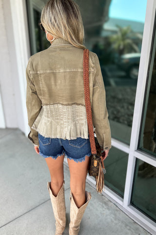 KANCAN Savannah Peplum Olive Green Denim Jacket - Simply Me Boutique