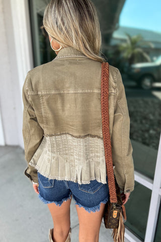 KANCAN Savannah Peplum Olive Green Denim Jacket - Simply Me Boutique