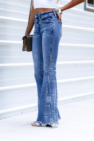 KANCAN Sunny Mid Rise Paisley Flare Jeans - Simply Me Boutique