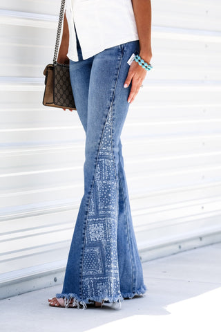 KANCAN Sunny Mid Rise Paisley Flare Jeans - Simply Me Boutique