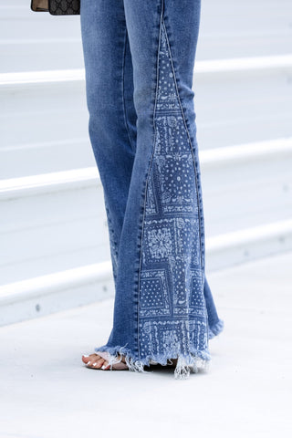KANCAN Sunny Mid Rise Paisley Flare Jeans - Simply Me Boutique