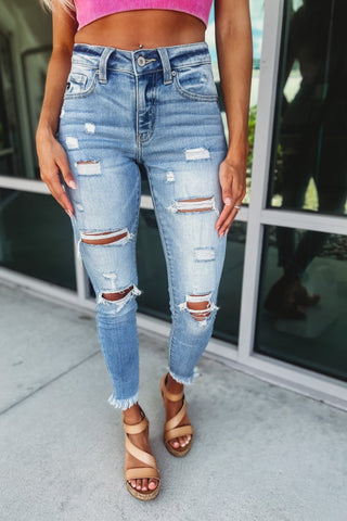 KANCAN Unfinished Business Sharkbite Cropped Jeans - Simply Me Boutique