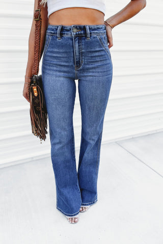 KANCAN Victoria Ultra High Rise Flare Jeans (Med Wash) - Simply Me Boutique