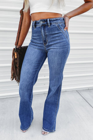 KANCAN Victoria Ultra High Rise Flare Jeans (Med Wash) - Simply Me Boutique