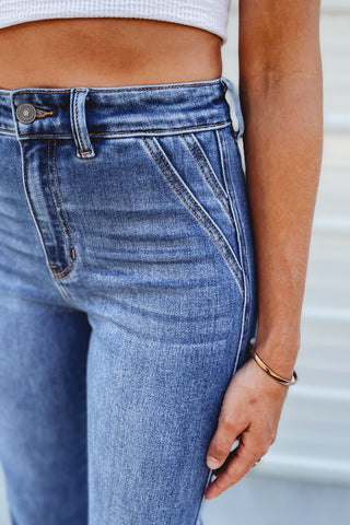 KANCAN Victoria Ultra High Rise Flare Jeans (Med Wash) - Simply Me Boutique