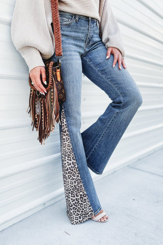 Kenzie Mid Rise Super Flare With Side Leopard - Simply Me Boutique
