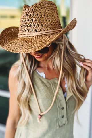 Khaki Brown Straw Cowboy Hat - Simply Me Boutique