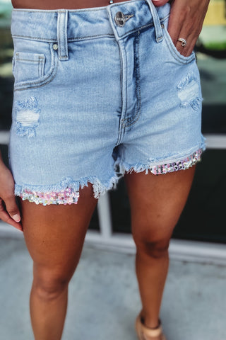 Kylie High Rise Sequin Pocket Light Wash Shorts - Simply Me Boutique