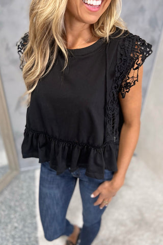 Lace Whisper Ruffle Hem Crochet Sleeve Top 2 COLORS! - Simply Me Boutique