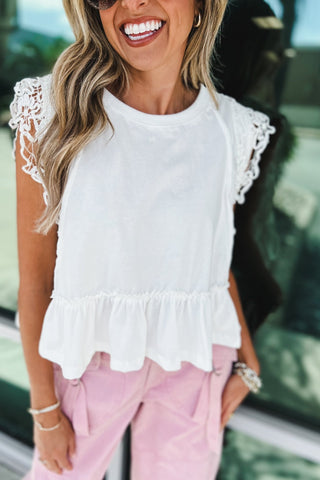Lace Whisper Ruffle Hem Crochet Sleeve Top - Simply Me Boutique