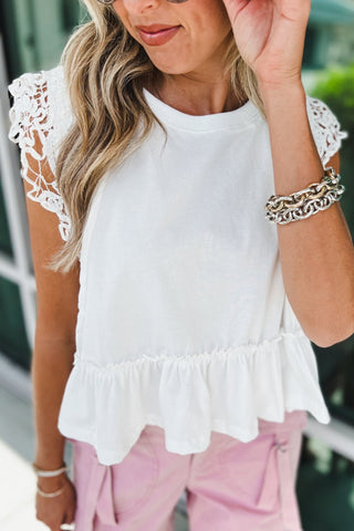 Lace Whisper Ruffle Hem Crochet Sleeve Top - Simply Me Boutique