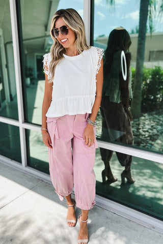 Lace Whisper Ruffle Hem Crochet Sleeve Top - Simply Me Boutique