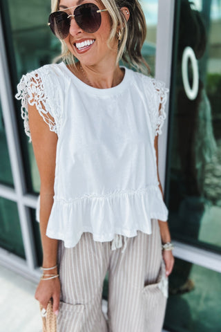 Lace Whisper Ruffle Hem Crochet Sleeve Top - Simply Me Boutique