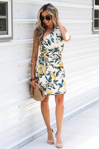 Lemon Drop One Shoulder Ruched Dress - Simply Me Boutique