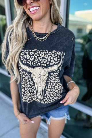 Leopard Longhorn Distressed Graphic Tee - Simply Me Boutique