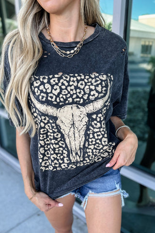 Leopard Longhorn Distressed Graphic Tee - Simply Me Boutique