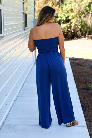 *Light Navy Rumor Going Round Smocked Jumpsuit - Simply Me Boutique