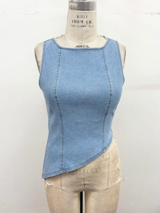 Light Wash Need It Now Asymmetrical Denim Top - Simply Me Boutique