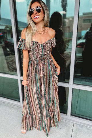 Like A Wildflower Off Shoulder Striped Maxi Dress - Simply Me Boutique