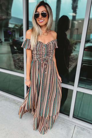 Like A Wildflower Off Shoulder Striped Maxi Dress - Simply Me Boutique