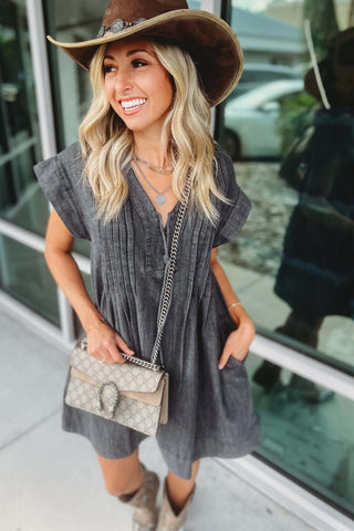 Listen To The Music Dark Grey Denim Dress - Simply Me Boutique