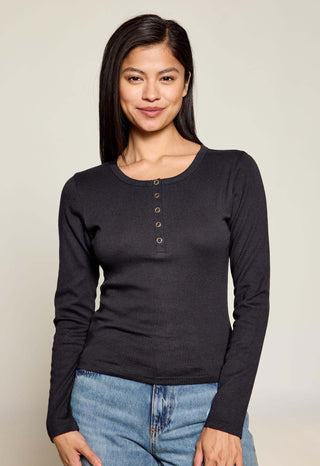 Long Sleeve Snap Henley Top (Washed Black) - Simply Me Boutique